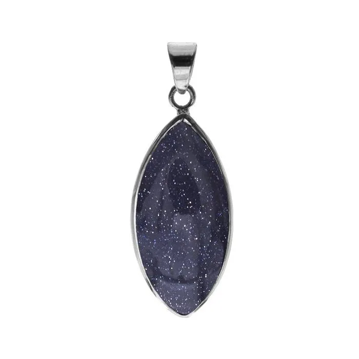 Blue Goldstone Sterling Silver Marquise Pendant & Chain 