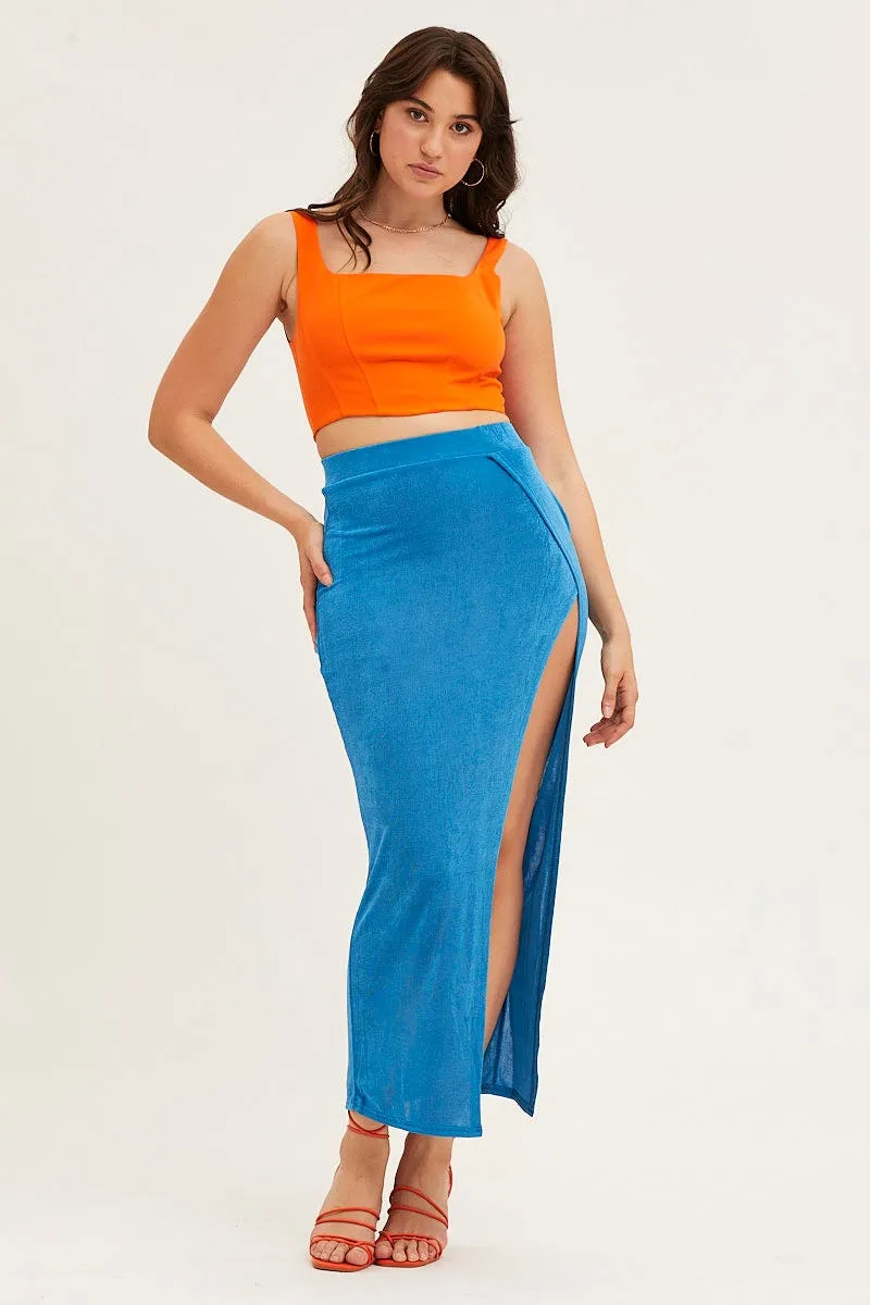 Blue Jersey Elastic Waist Front Split Midi Skirt,skirt,denim skirt,mini skirt,maxi skirt,jean skirt,skort,tennis skirt,pleated skirt,pencil skirt,bubble skirt,plisse skirt,fitted skirt,midi skirt,short skirt,short mini skirt,leather skirt,a line skirt,Spli
