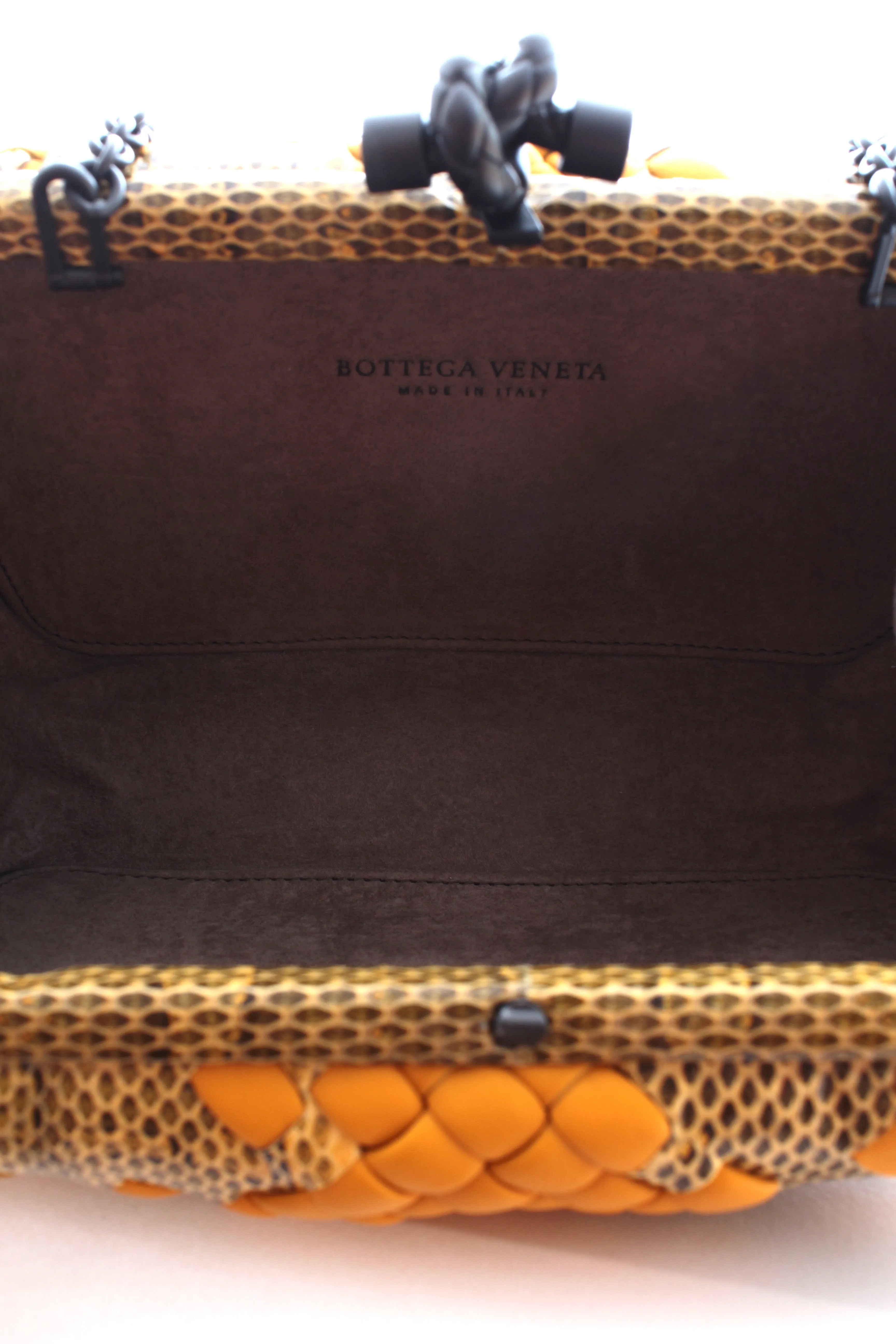 Bottega Veneta Intrecciato Python & Leather Clutch W/Chain