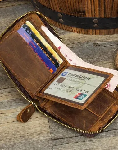 Brown Cool Leather Mens billfold Wallet on sale Zipper Trifold Card Small Wallet on sale for Men
