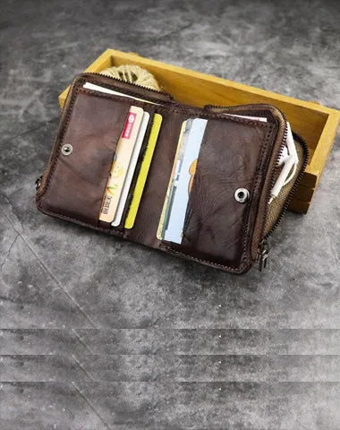 Brown Leather Men's Yellow Zipper Camel Small Wallet on sale Bifold billfold Card Wallet on sale For Men
