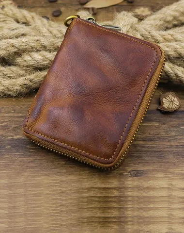 Brown Men Leather Zip Billfold Small Chain Wallet on sale with Coin Pocket Biker Bifold Chain Wallet on sale for Men
