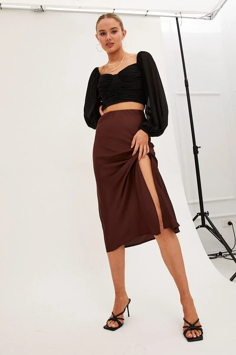 Brown Slip Skirt Midi Front Split Satin,skirt,denim skirt,mini skirt,maxi skirt,jean skirt,skort,tennis skirt,pleated skirt,pencil skirt,bubble skirt,plisse skirt,fitted skirt,midi skirt,short skirt,short mini skirt,leather skirt,a line skirt