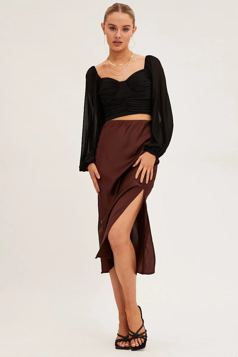 Brown Slip Skirt Midi Front Split Satin