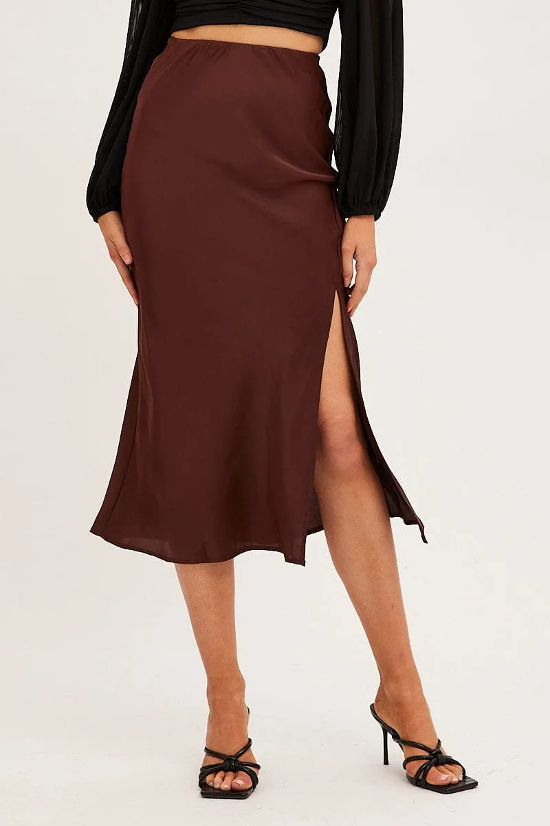 Brown Slip Skirt Midi Front Split Satin
