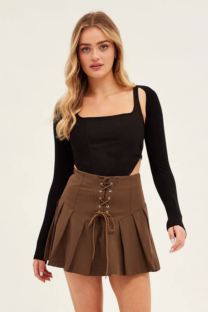 Brown Tie Front Tennis Mini Skirt,skirt,denim skirt,mini skirt,maxi skirt,jean skirt,skort,tennis skirt,pleated skirt,pencil skirt,bubble skirt,plisse skirt,fitted skirt,midi skirt,short skirt,short mini skirt,leather skirt,a line skirt