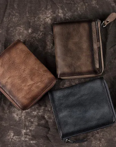 Brown Vintage Bifold Wallet on sale Leather Mens billfold Small Wallet on sale Zipper Small Wallet on sale For Men