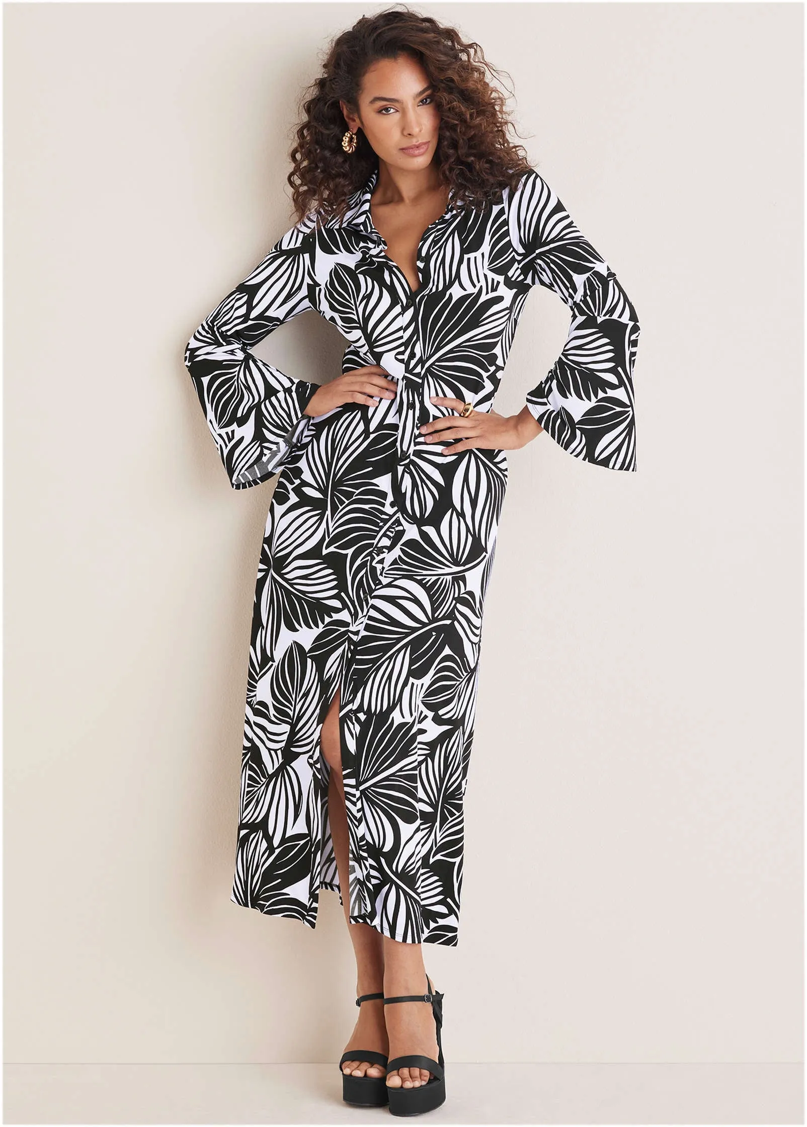 Button Front Maxi - Black Contrast Bold Leaves