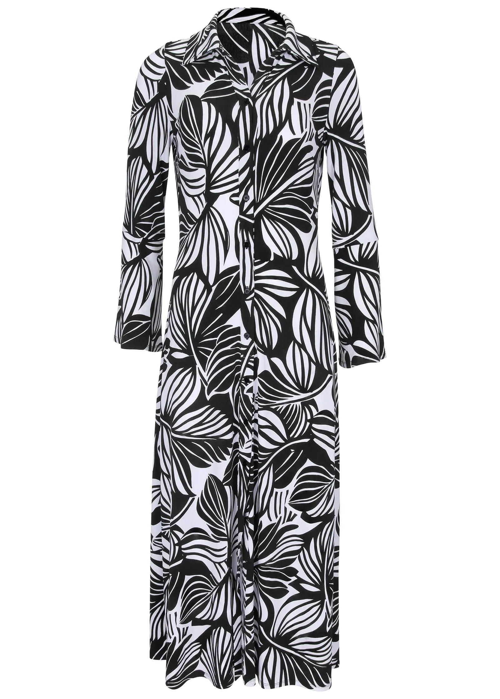 Button Front Maxi - Black Contrast Bold Leaves