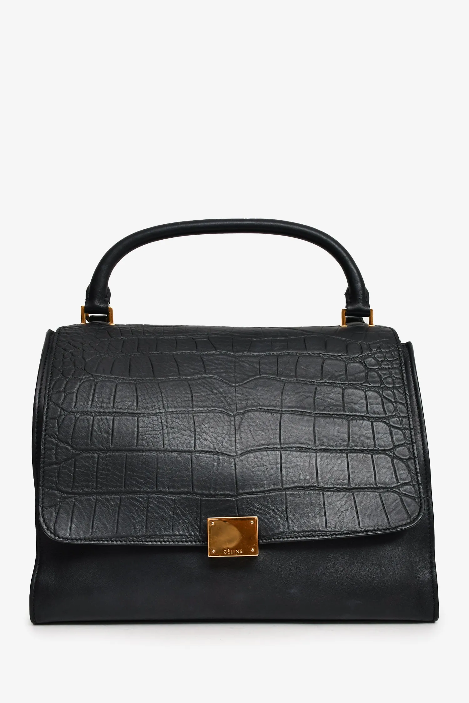 Celine 2012 Black Croc Embossed Leather Trapeze Bag with Strap handbags bulk sale