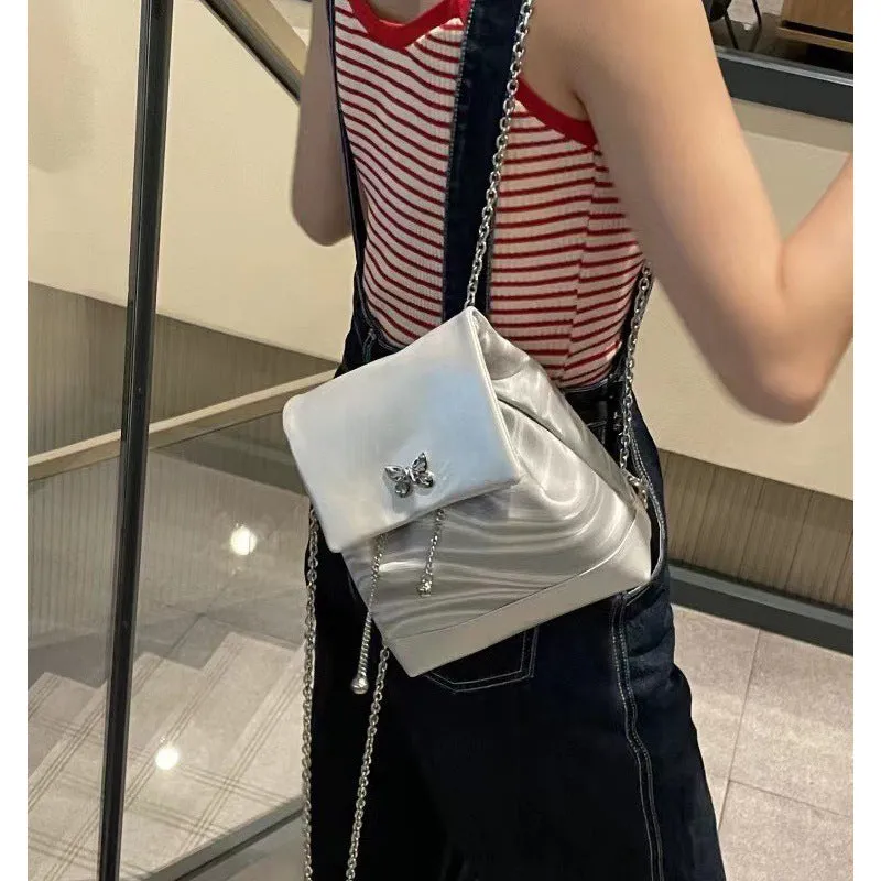 Chain backpack Chanel style silver backpack for women 