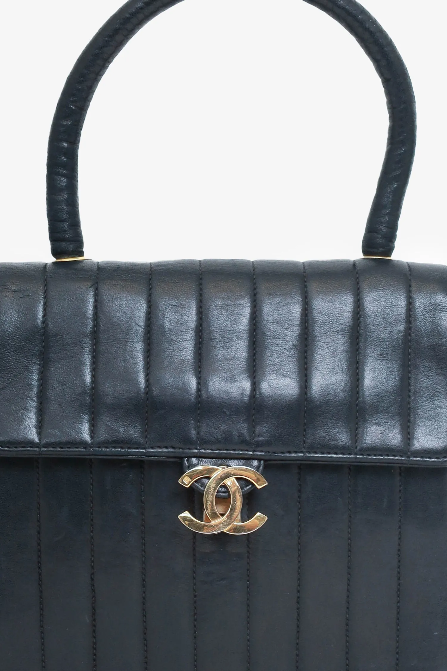 Chanel? 1991-94 Black Vertical Quilted Lambskin Top Handle Bag