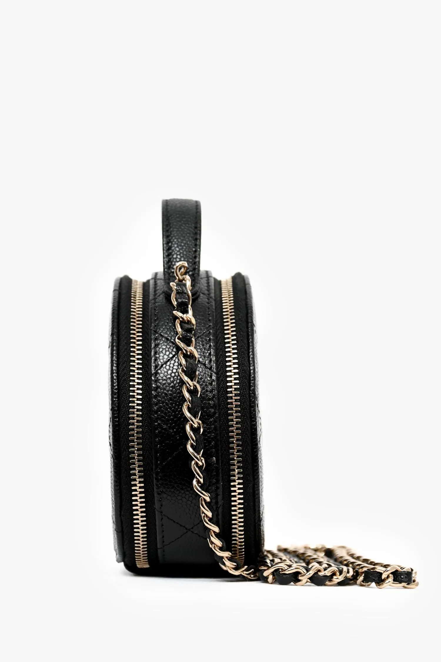 Chanel? Black Caviar Leather Round Mini 'Handle with Care' Vanity with Chain