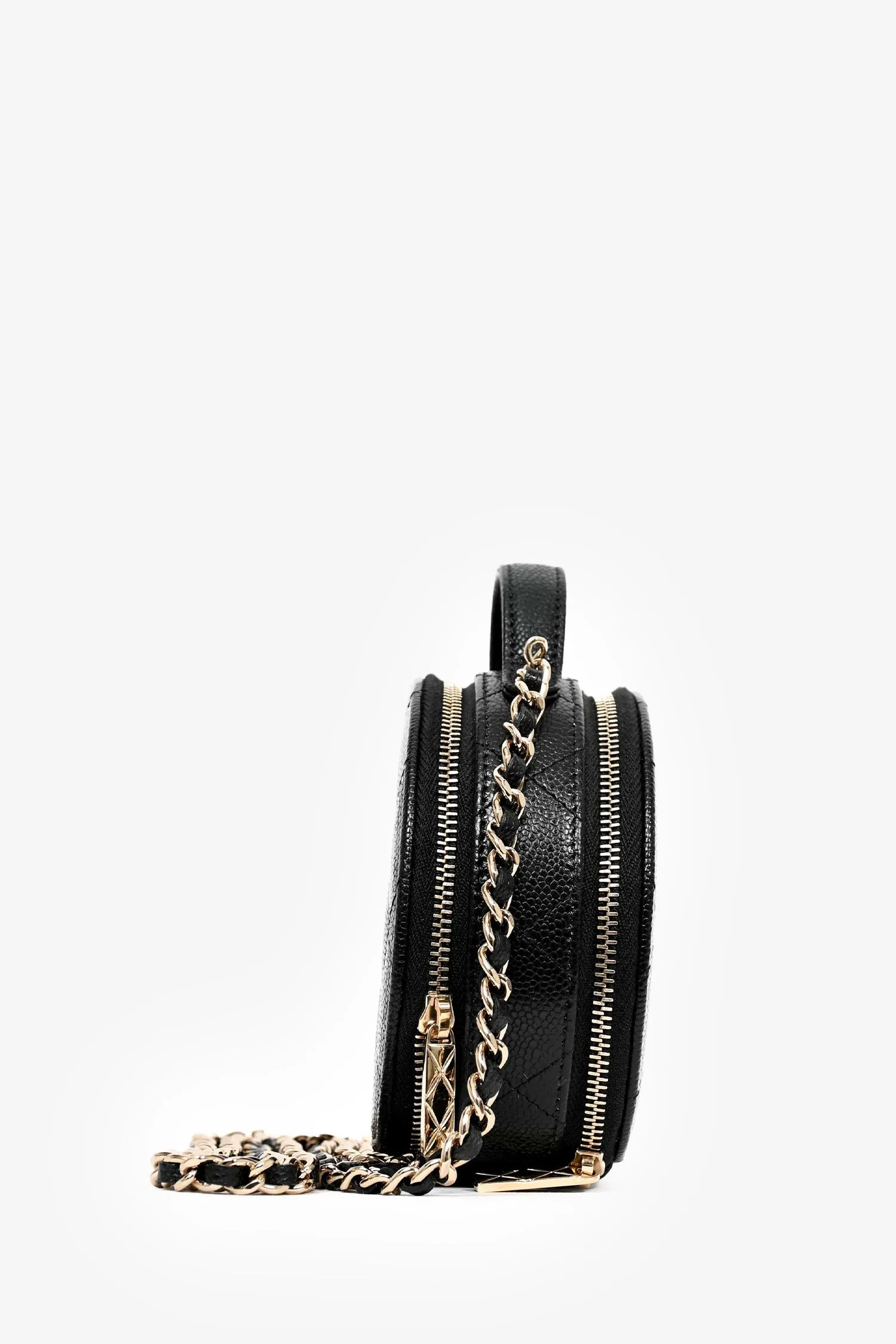 Chanel? Black Caviar Leather Round Mini 'Handle with Care' Vanity with Chain