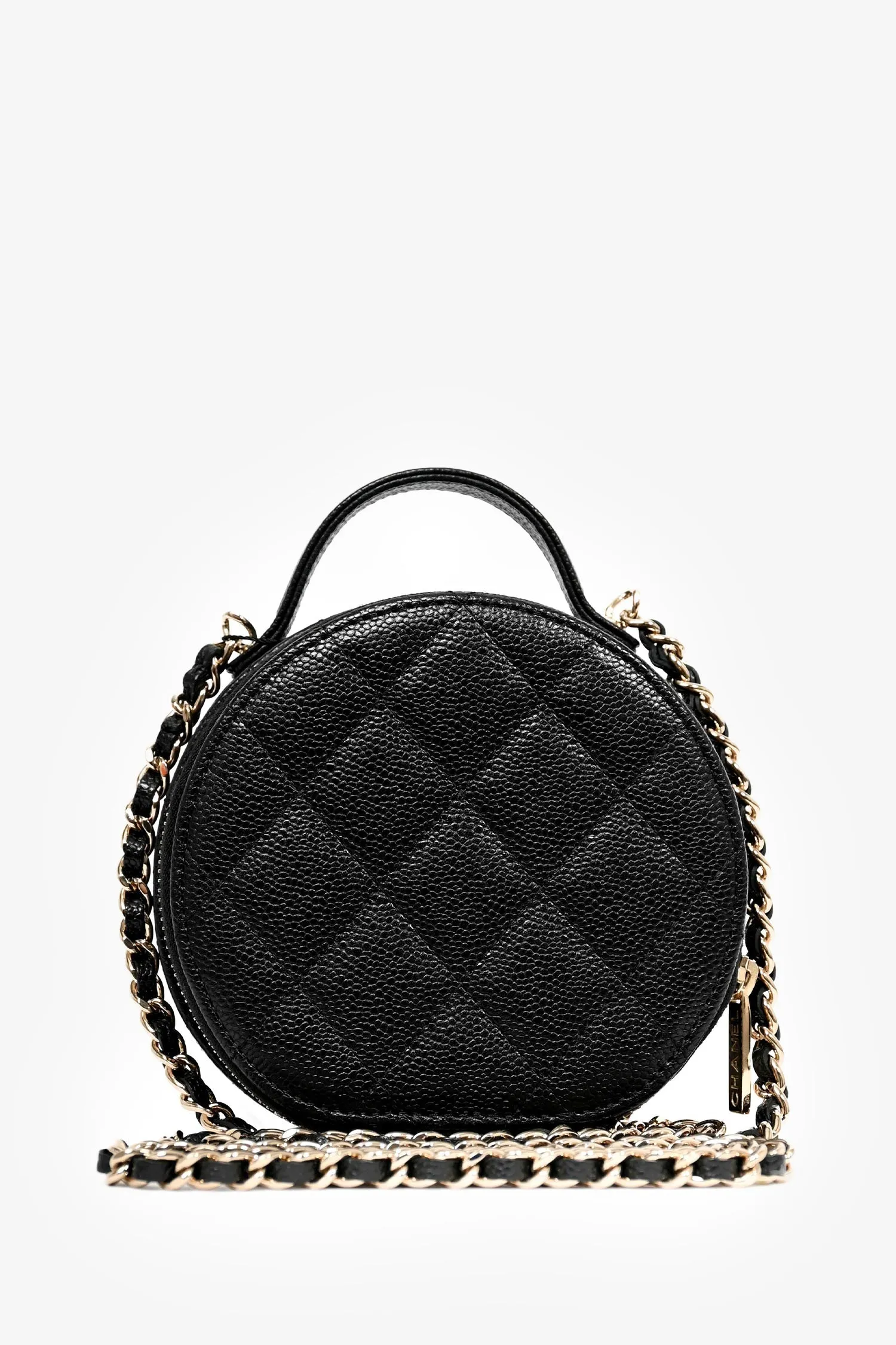 Chanel? Black Caviar Leather Round Mini 'Handle with Care' Vanity with Chain