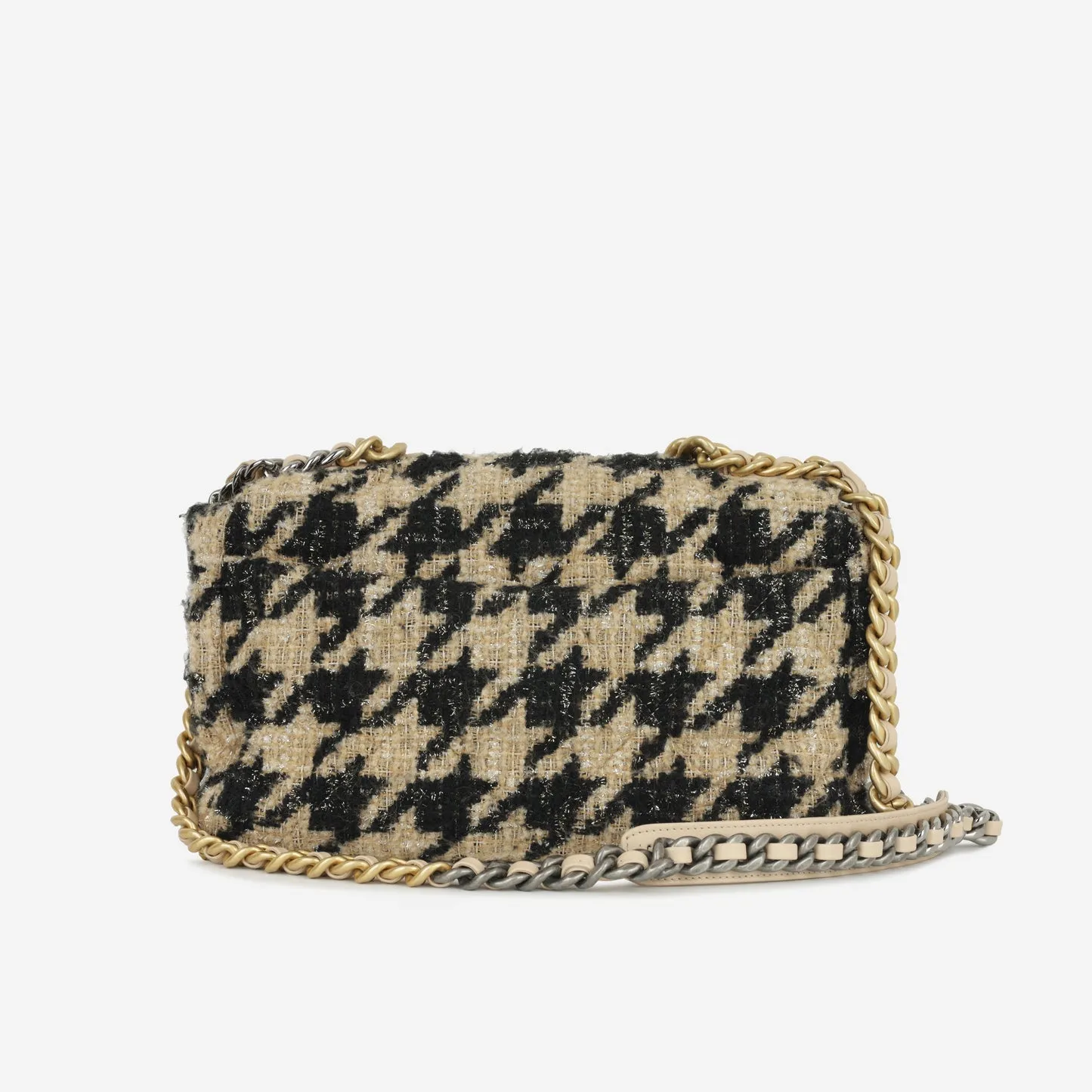 Chanel - Chanel 19 Large Flap Bag - Beige/Black Houndstooth Tweed MHW - Pre-Loved