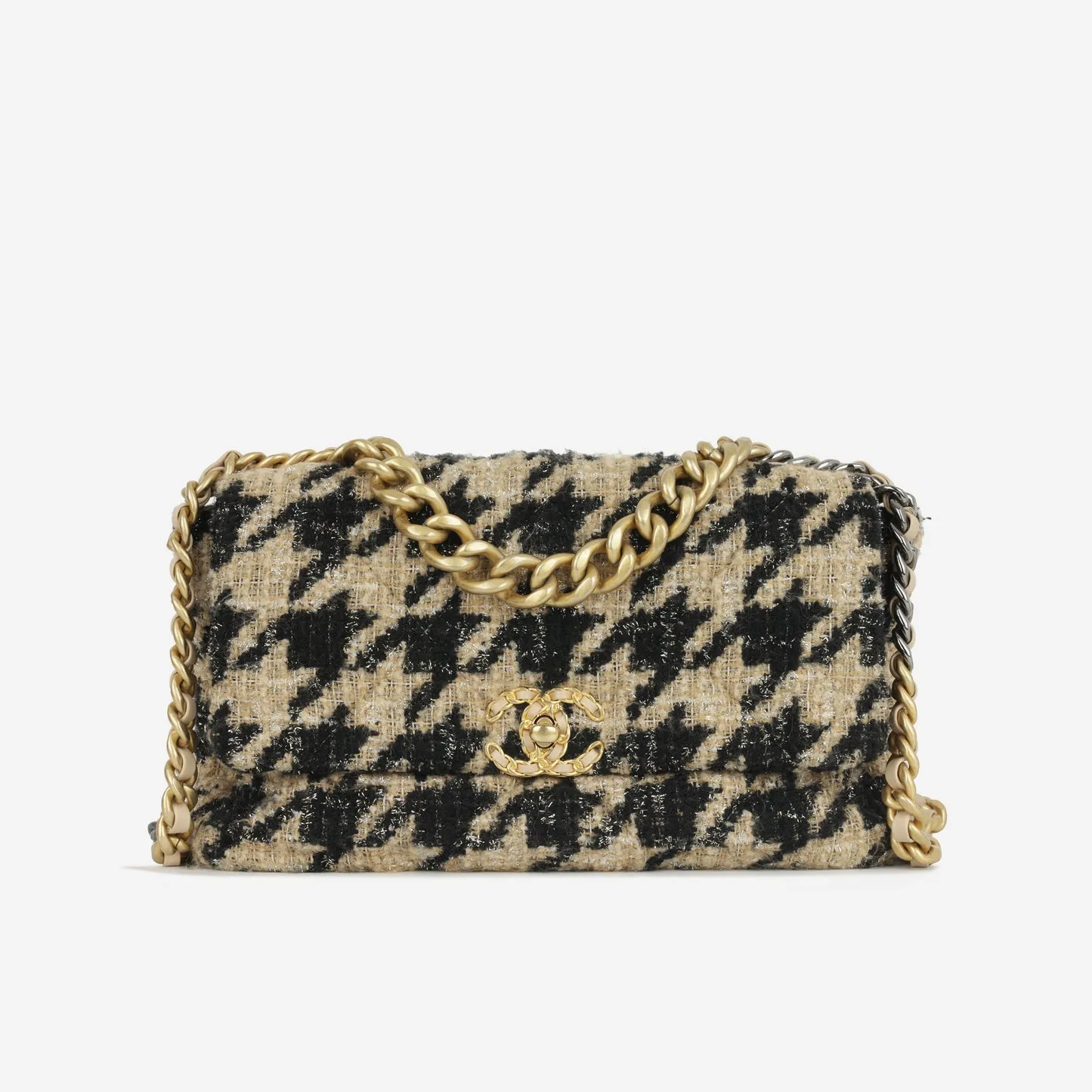 Chanel - Chanel 19 Large Flap Bag - Beige/Black Houndstooth Tweed MHW - Pre-Loved handbags bulk sale