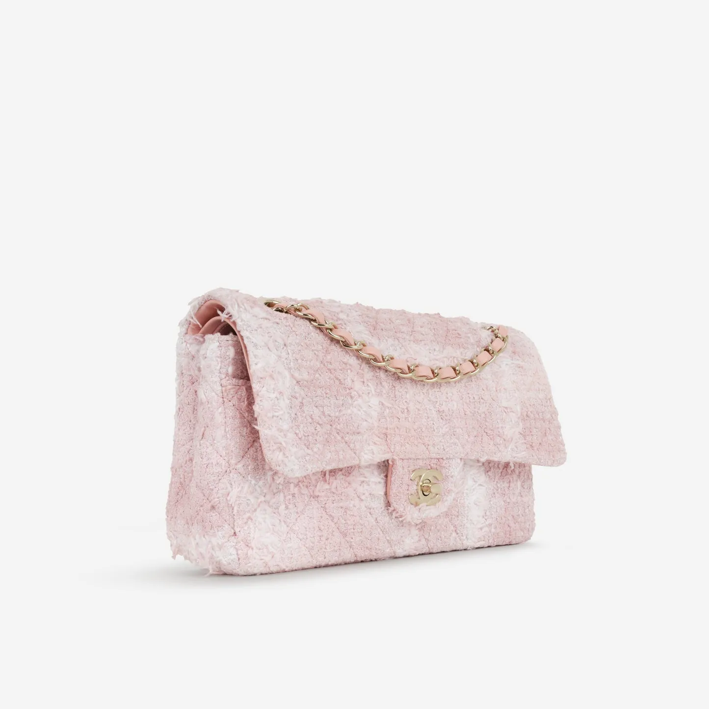 Chanel - Classic Flap Bag - Medium - Pink/White Tweed CGHW - Plaque Series - Pristine