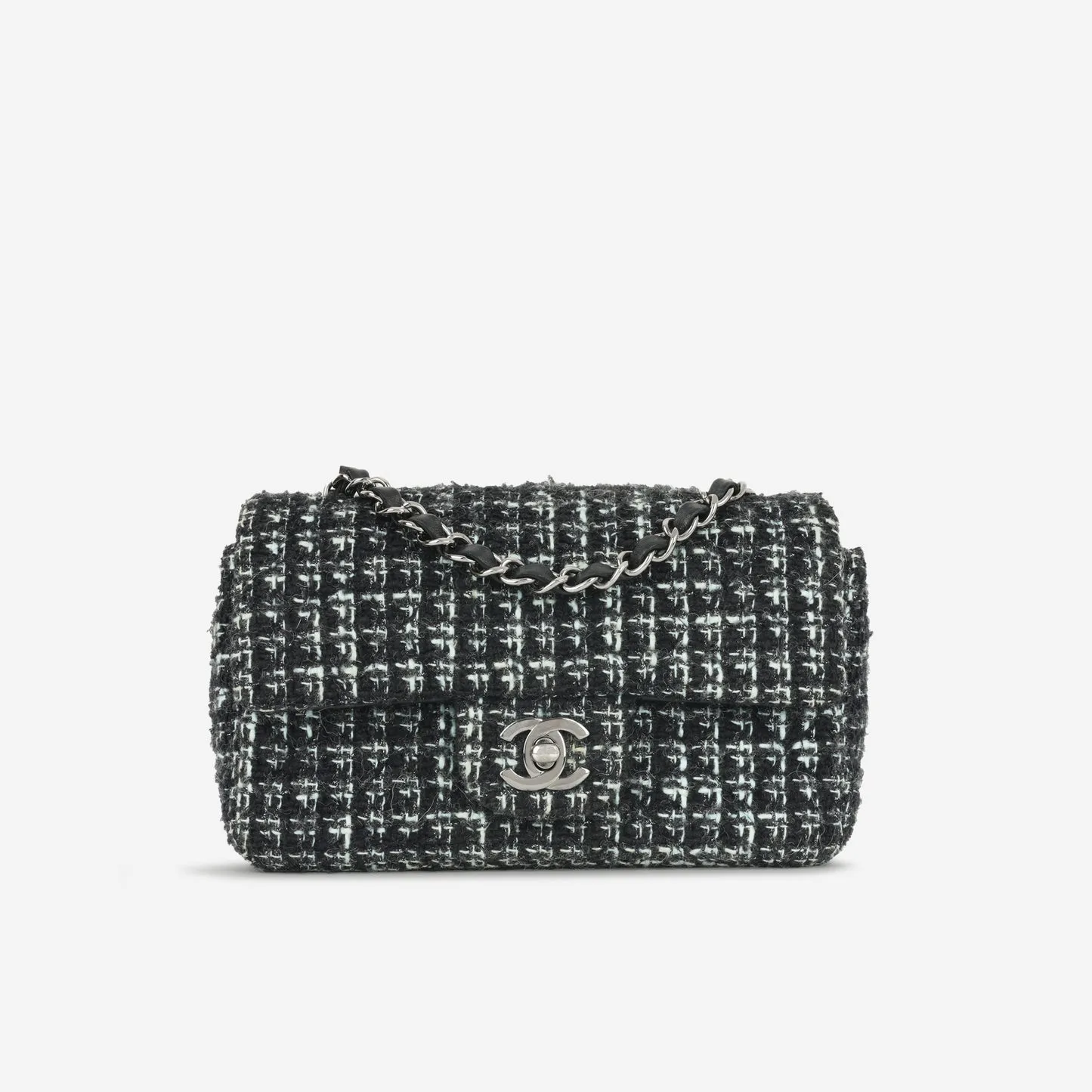 Chanel - Classic Flap Bag - Mini Rectangular - Mixed Black / Light Blue Tweed SHW - Pre-Loved handbags bulk sale