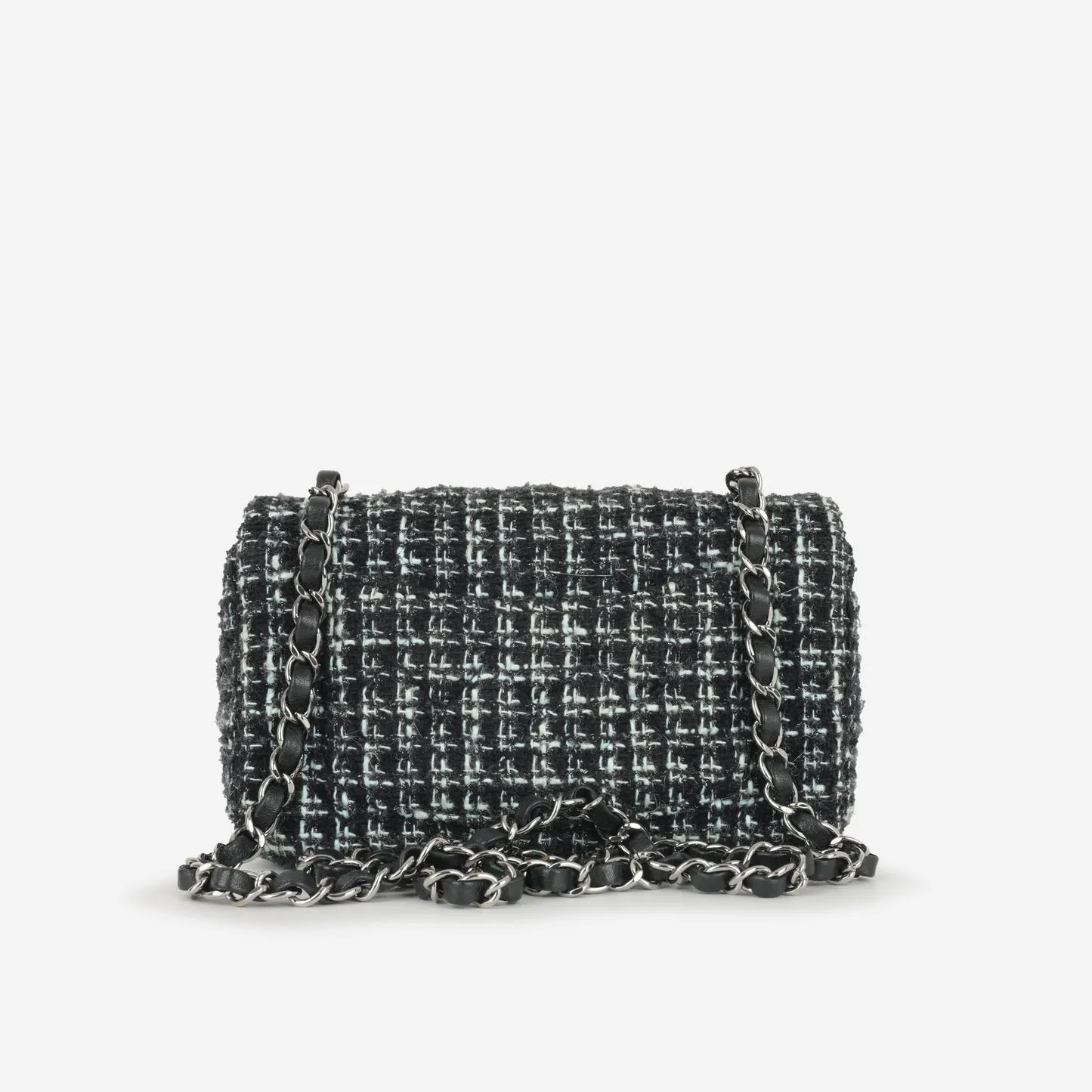 Chanel - Classic Flap Bag - Mini Rectangular - Mixed Black / Light Blue Tweed SHW - Pre-Loved