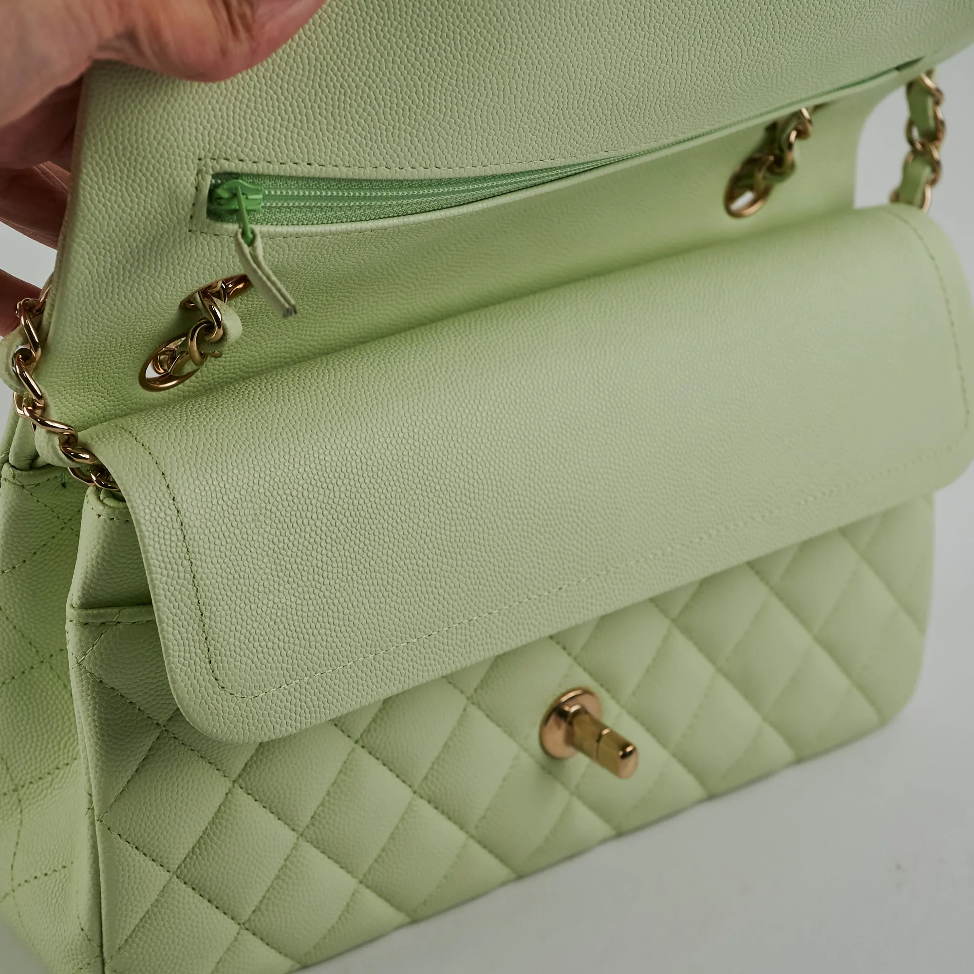 Chanel Medium Caviar Double Classic Flap Light Green