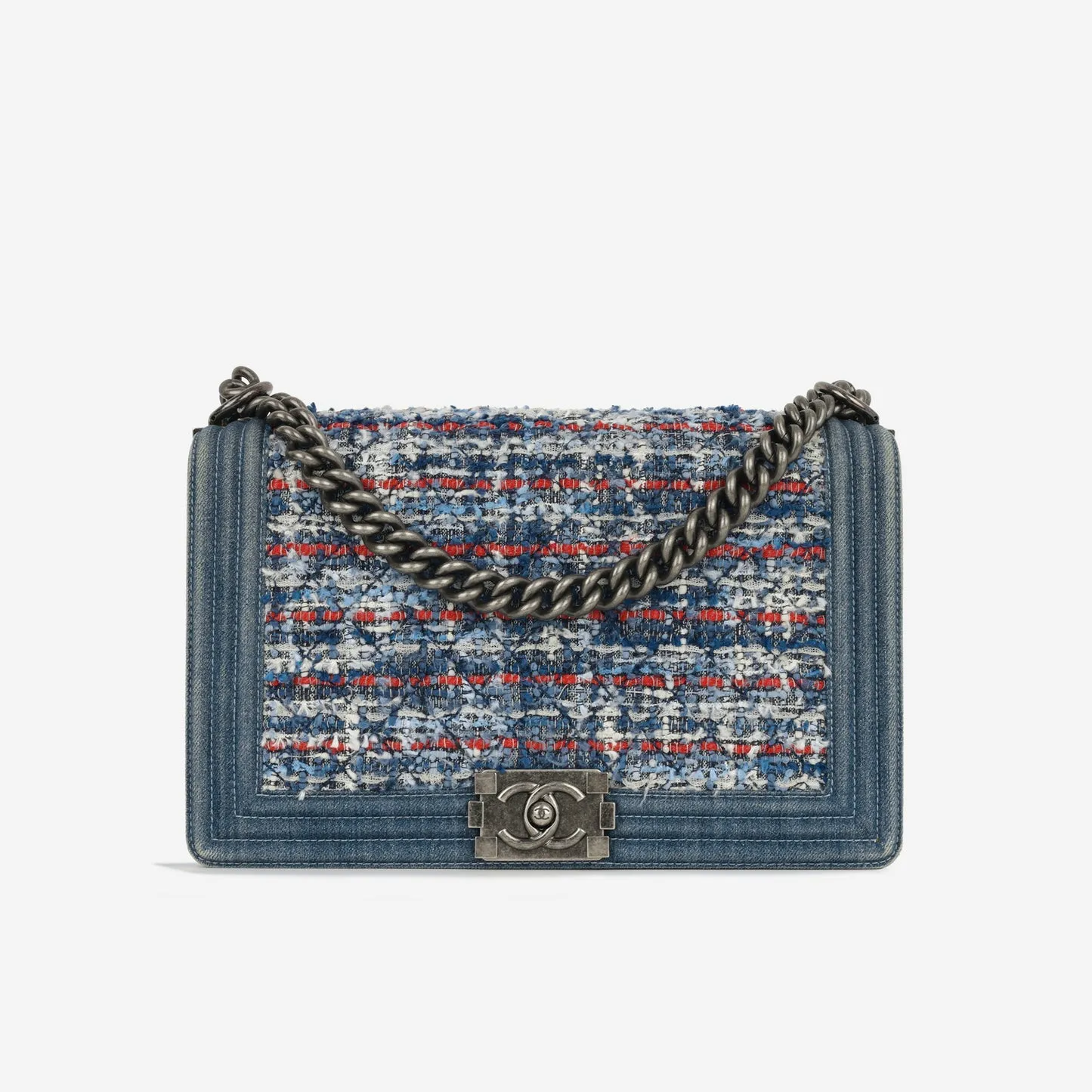 Chanel - New Medium Boy Bag - Blue Denim / Multicolor Quilted Tweed RHW - 2014 - Pre-Loved handbags bulk sale