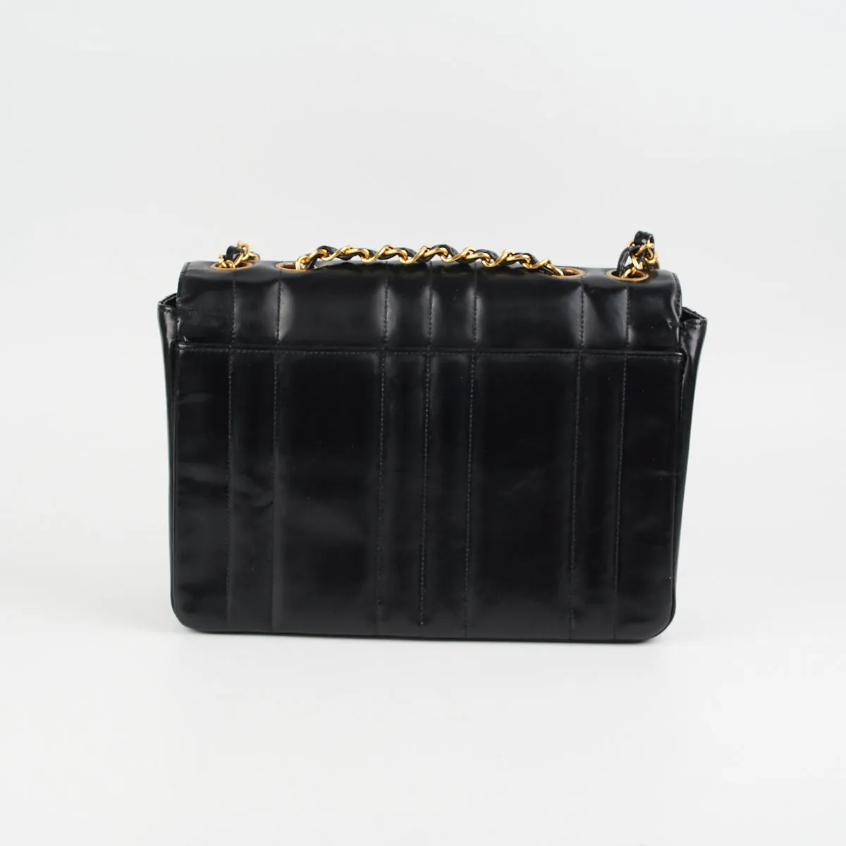 Chanel Vintage Vertical Half Flap Black Shiny Leather