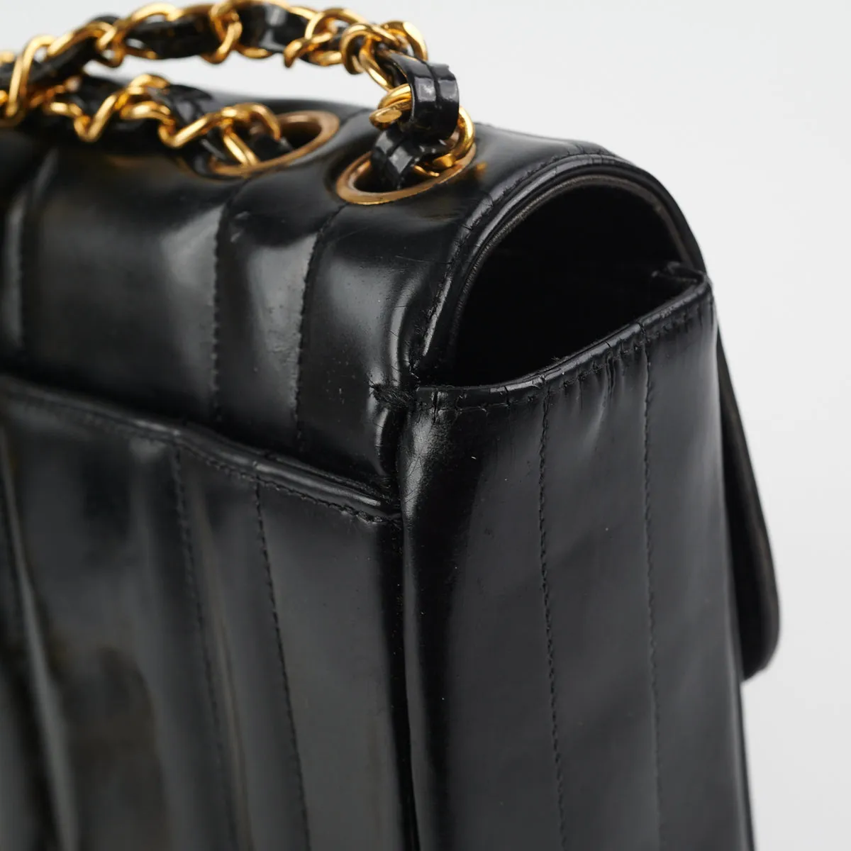Chanel Vintage Vertical Half Flap Black Shiny Leather