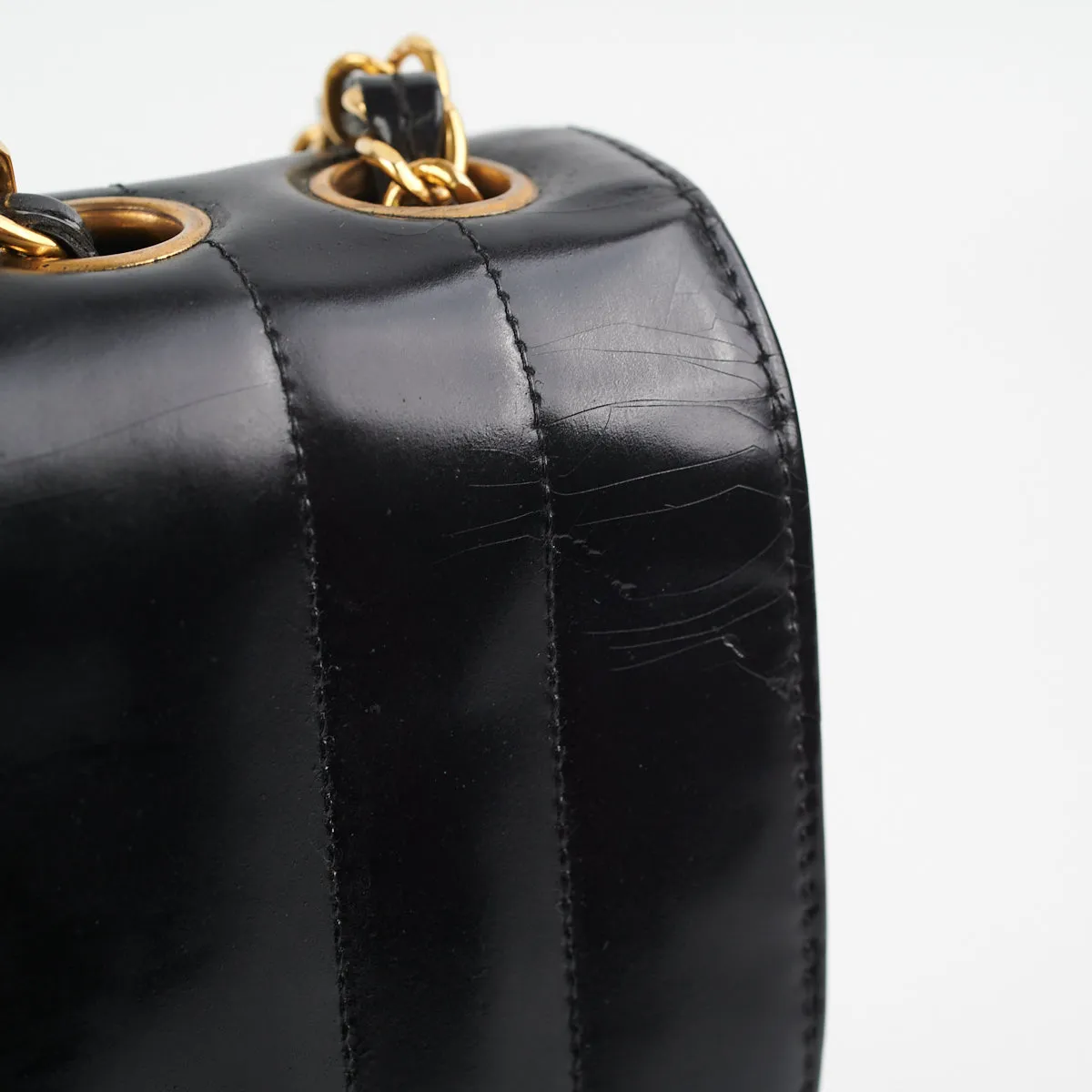 Chanel Vintage Vertical Half Flap Black Shiny Leather