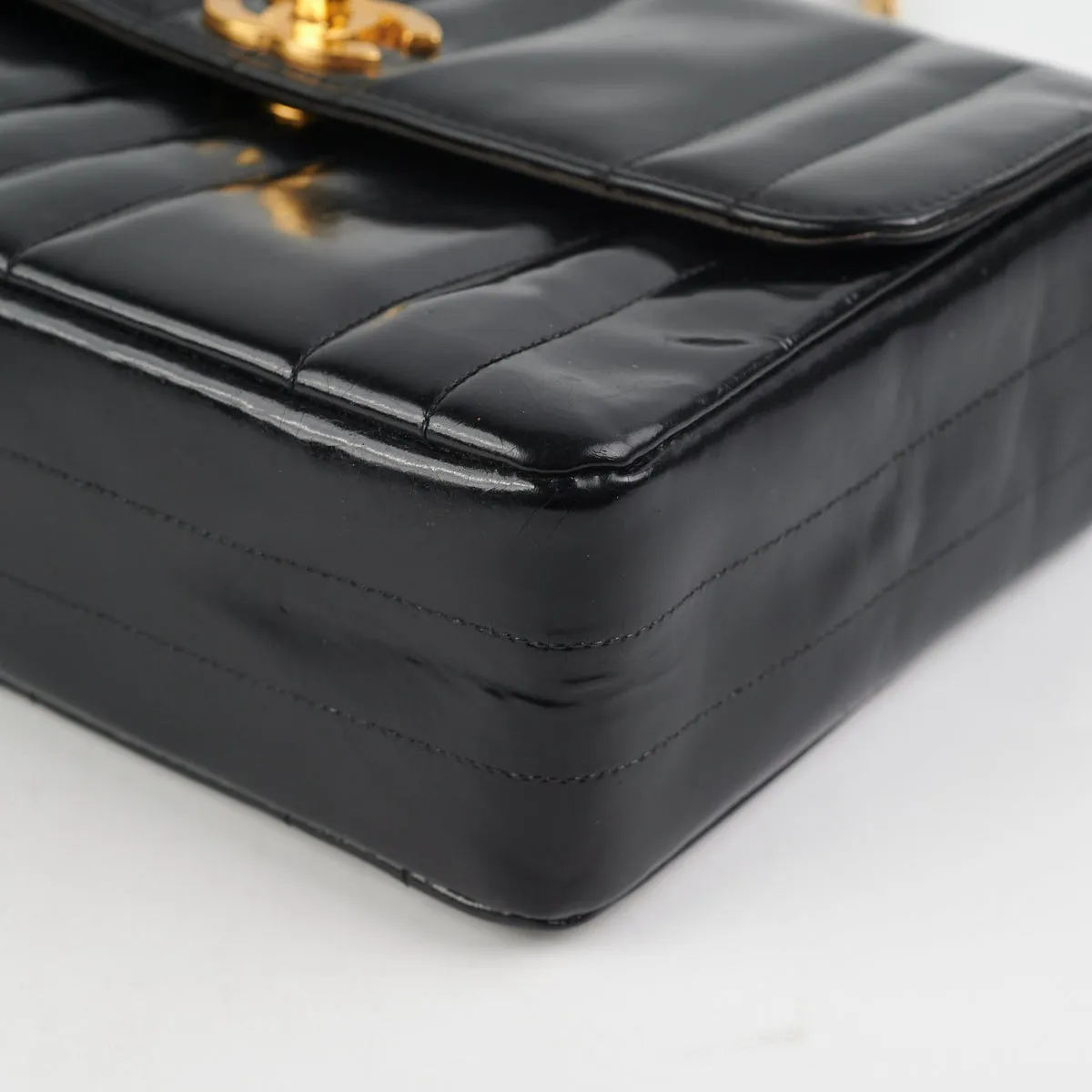 Chanel Vintage Vertical Half Flap Black Shiny Leather