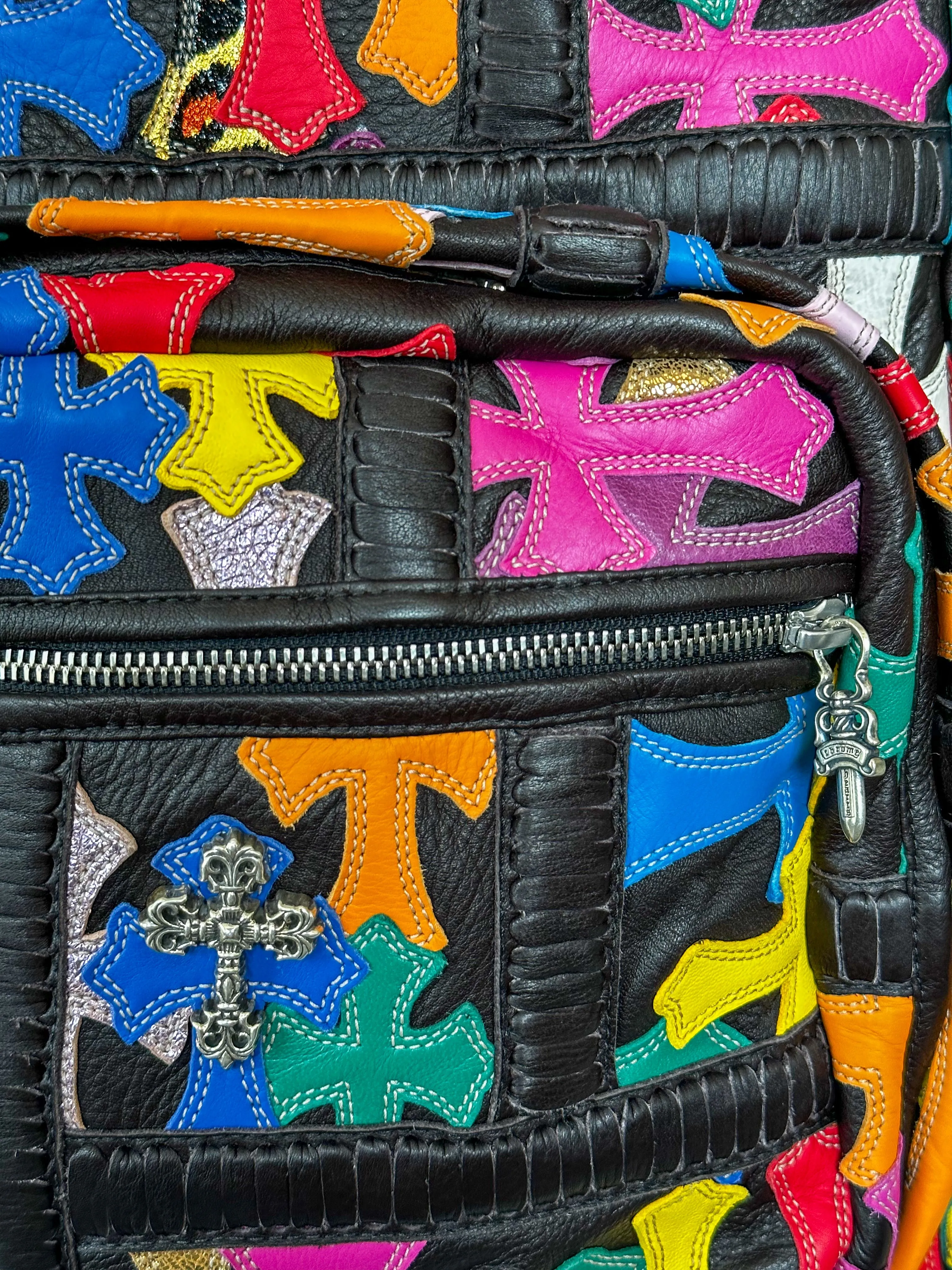 Chrome Hearts Black Multicolor Cross Patch Leather Backpack