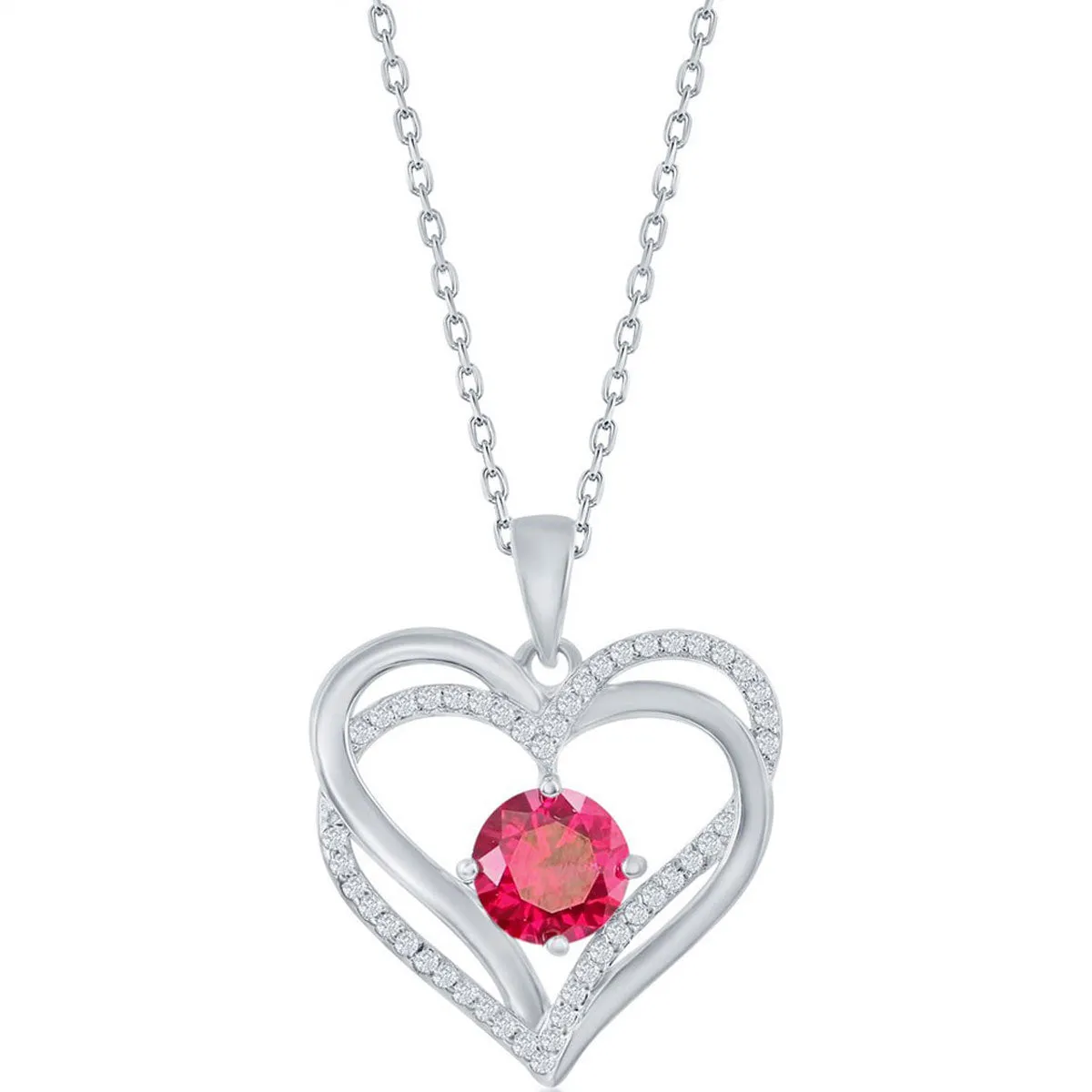 Classic Women's Pendant - Sterling Silver Double Heart Ruby CZ Birthstone | K-8923 