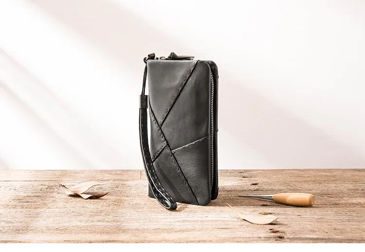 Cool Black Leather Mens Long Wallet Zipper Clutch Wallet Long Wallet Phone Bag Wristlet Wallet for Men