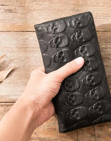 Cool Black Skull Leather Mens Long Wallet Long Wallet for Men Free shipping wallets