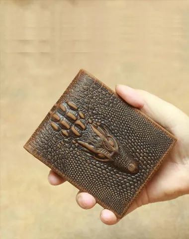 Cool Brown Crocodile Pattern Leather Bifold Small Wallet on sale Leather Mens Brown Billfold Small Wallet on sale Front Pocket Wallet on sale For Men