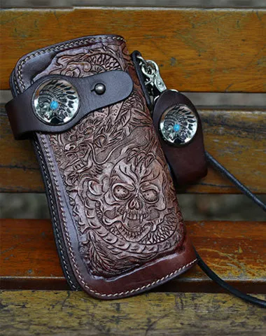 Cool Brown Leather Tooled Biker Wallet Handmade Dragon&Skull Biker Chain Wallet for Men Free shipping wallets