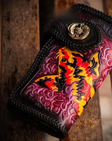Cool Handmade Leather Tooled Carp Mens Biker Chain Wallet Long Leather Biker Wallet With Chain Wallets for Men Cyber Monday wallet sale
