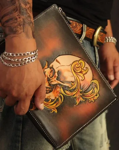 Cool Handmade Tooled Leather Tan Floral Skull Clutch Wallet Wristlet Bag Clutch Purse For Men Free shipping wallets
