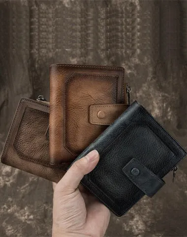 Cool Leather Brown Men's Zipper billfold Small Wallet on sale Bifold Wallet on sale Multi-Card Wallet on sale For Men