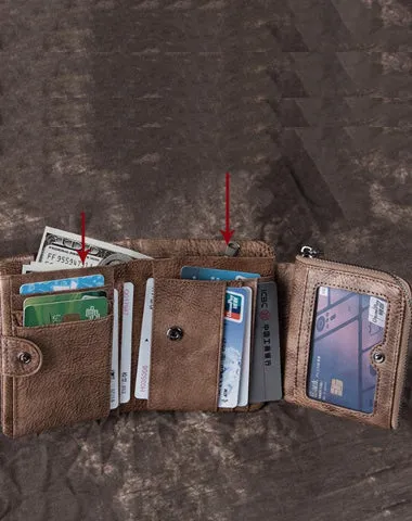 Cool Leather Brown Men's Zipper Blue billfold Small Wallet on sale Trifold Wallet on sale Card Wallet on sale For Men