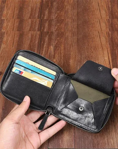 Cool Leather Mens Black Zipper Small billfold Wallet on sale Leather Wallet on sale Bifold billfold Wallets on sale for Men