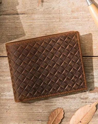 Cool Leather Mens Briaded Small Wallet on sale Bifold Vintage Slim billfold Wallet on sale for Men