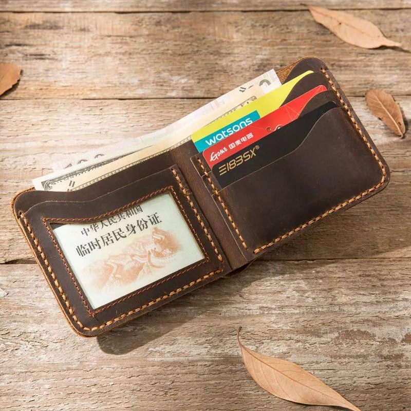 Cool Leather Mens Coffee Slim Small Wallet Bifold Vintage billfold Wallet for Men