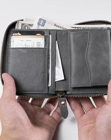 Cool Leather Mens Slim Leather Small Wallet on sale Zipper billfold Wallets on sale Bifold for Men