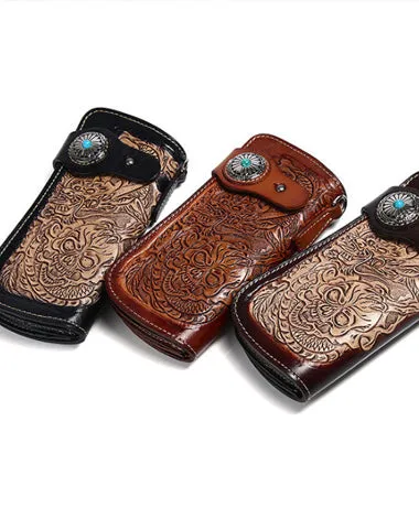Cool Leather Tooled Dragon&Skull Biker Wallet Handmade Biker Chain Wallet for Men Free shipping wallets