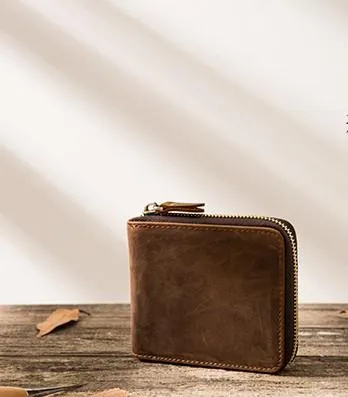Cool Leather Vintage Mens Small Wallets Zipper billfold Wallets for Men