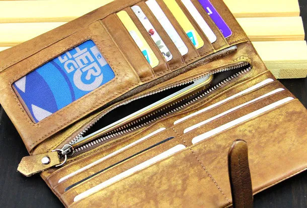 Cool mens long leather wallet vintage brown leaather long wallet for men