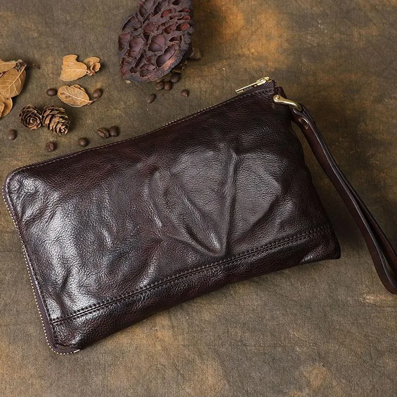 Cool Wrinkled Leather Mens Brown Long Wallet Wristlet Wallet Black Zipper Clutch Wallet for Men