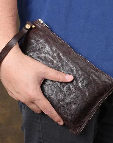Cool Wrinkled Leather Mens Brown Long Wallet Wristlet Wallet Black Zipper Clutch Wallet for Men Cyber Monday wallet sale