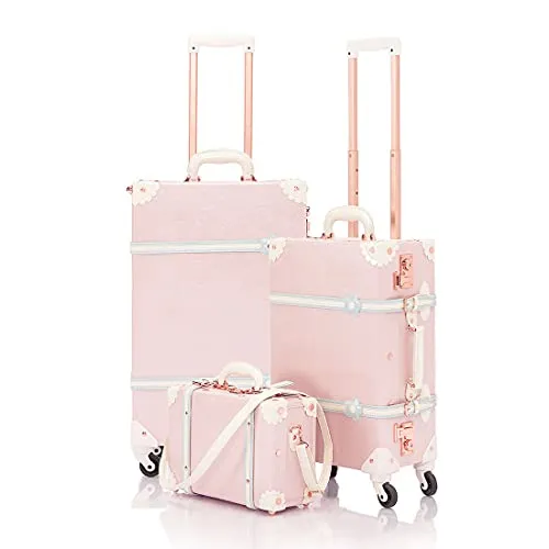 COTRUNKAGE Girls Cute 3 Piece Luggage Set Vintage Carry On Suitcase for Women, TSA Lock Cherry Pink mega luggage savings